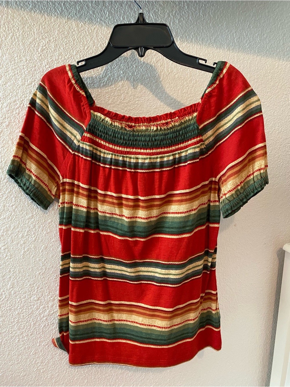 Chaps Red Striped Off-Shoulder Top with Green and Cream Bands